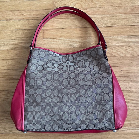 Coach Shoulder Bag.  Canvas & Red Leather. - Picture 2 of 12